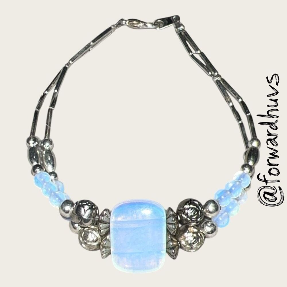 Blue Opalite Beaded Bracelet Silver Tone Artisan Boho 8”
